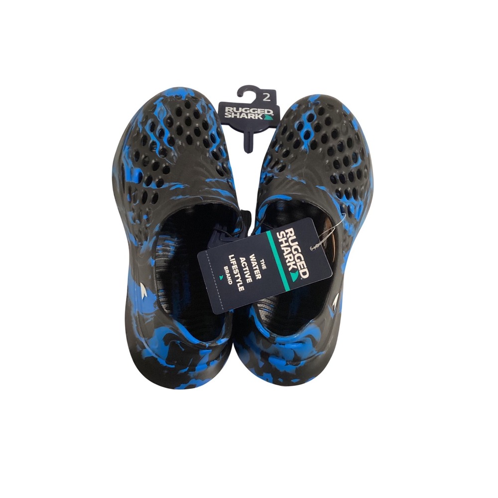 Rugged Shark Kids Water Shoes Black Blue Camo Slip On Clogs Size 2 NEW